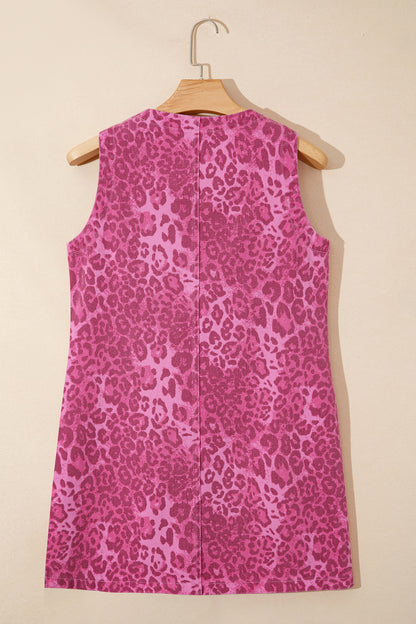 Leopard Print Button Front Sleeveless Shift Mini Dress