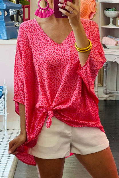 Rose Leopard Print Oversized Half Sleeve V Neck Top