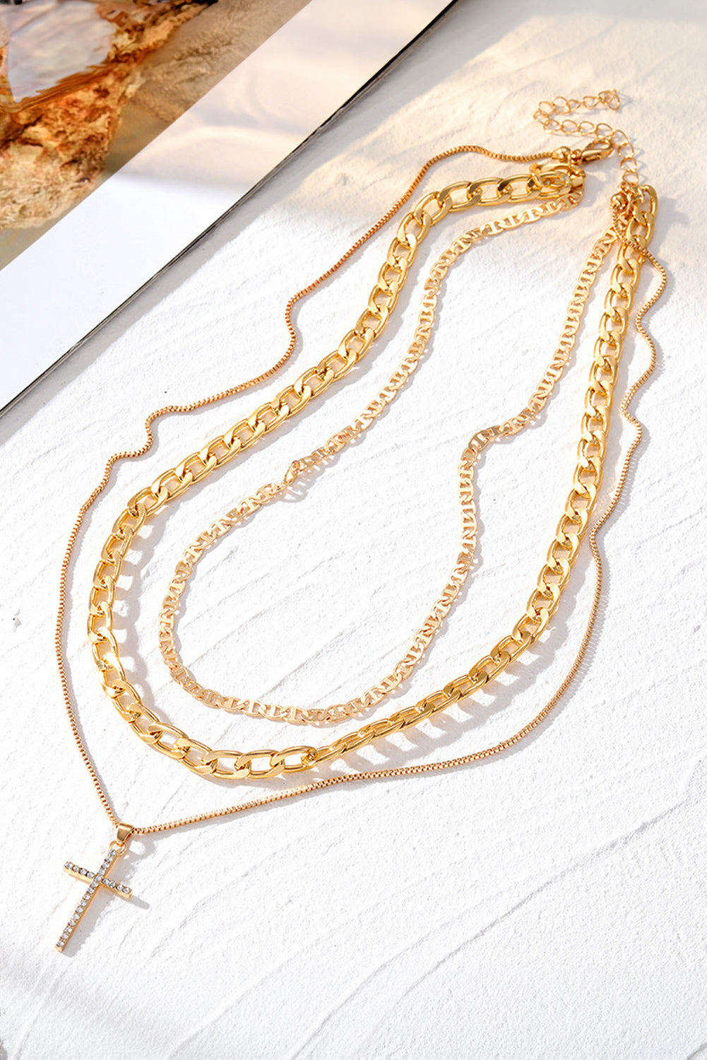 Silver Cross Pendant Layered Chain Necklace Set