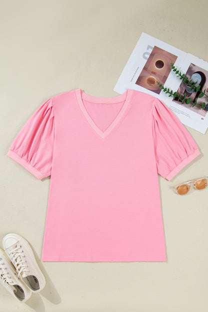 Pink V Neck Puff Sleeve Plus Size Blouse Top