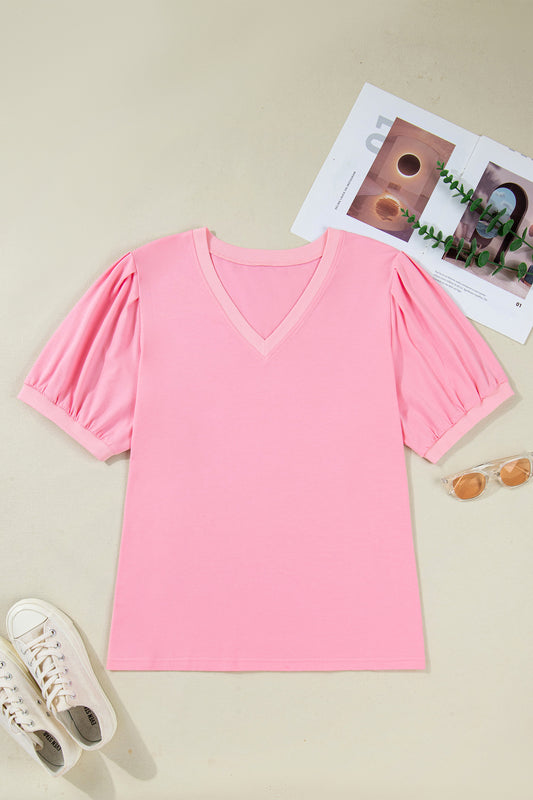Pink V Neck Puff Sleeve Plus Size Blouse Top