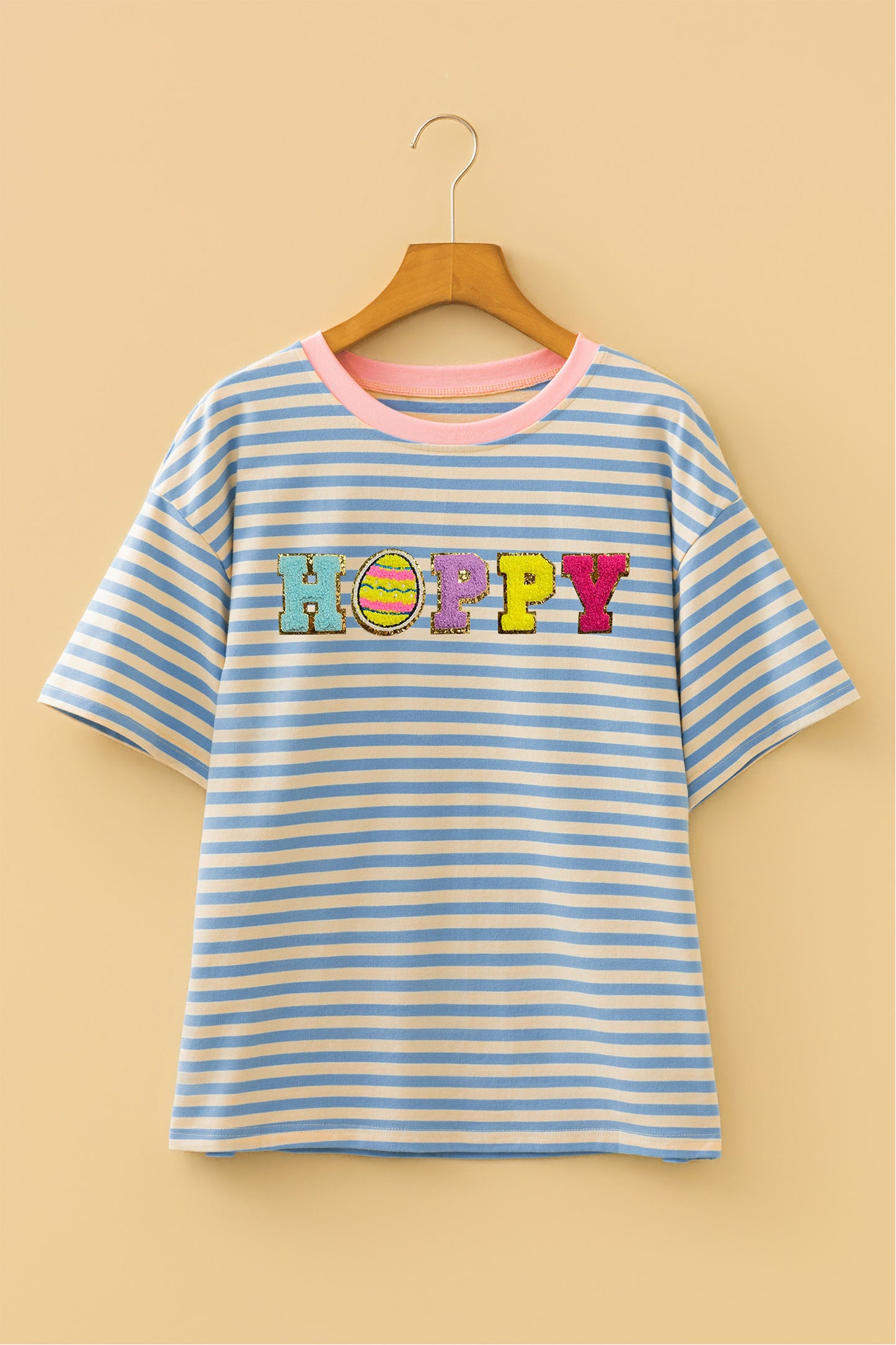 Blue Stripe Hoppy Easter Chenille Patch Graphic Tee