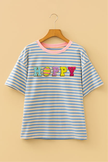 Blue Stripe Hoppy Easter Chenille Patch Graphic Tee