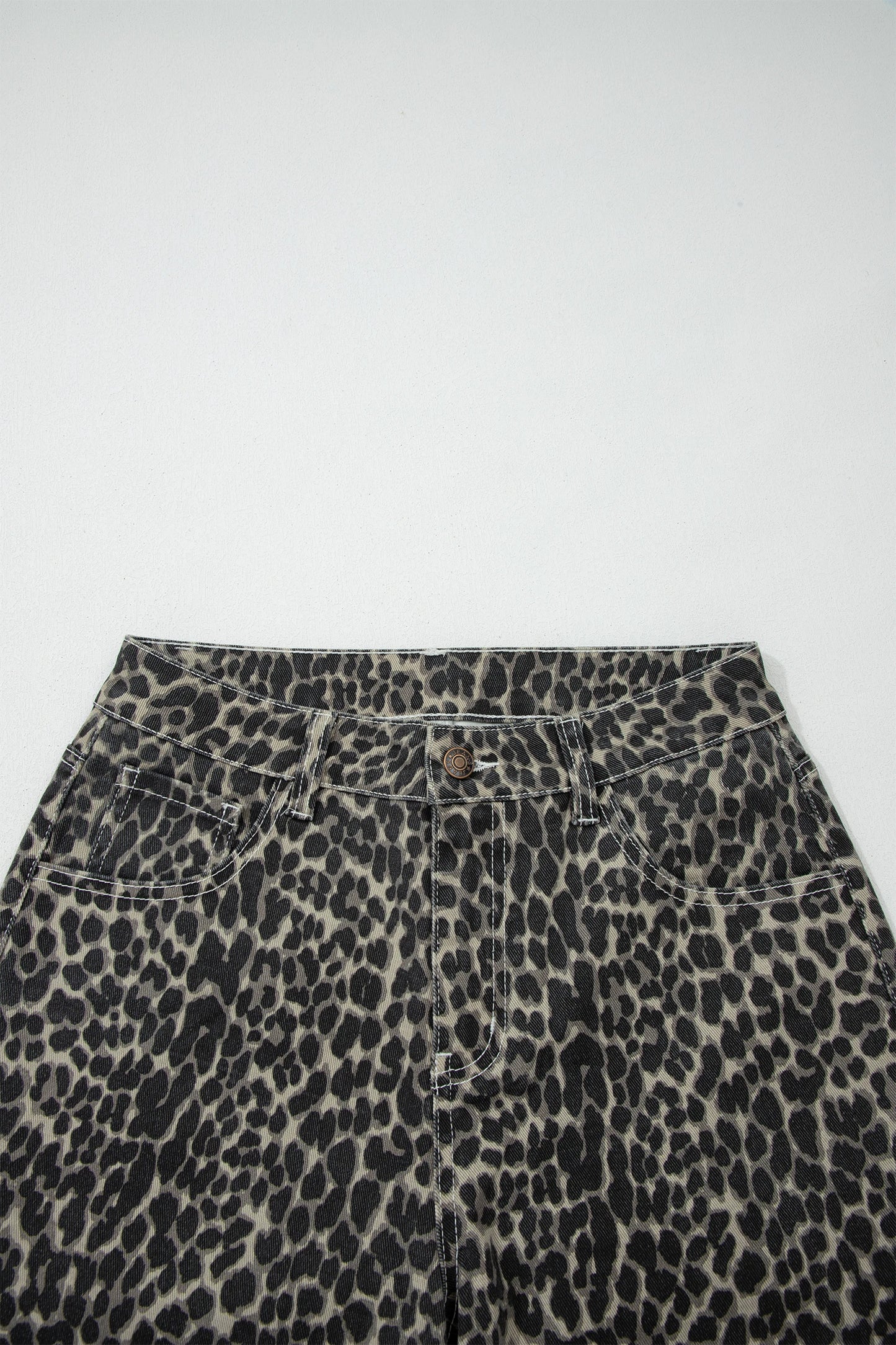 Black Leopard Print High Waist Barrel Leg Jeans