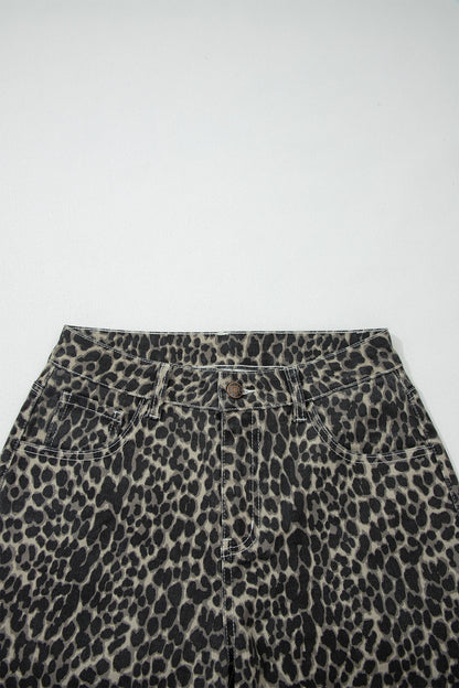 Black Leopard Print High Waist Barrel Leg Jeans