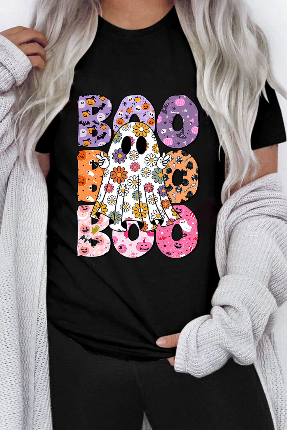 Black BOO Ghost Halloween Floral Graphic T Shirt