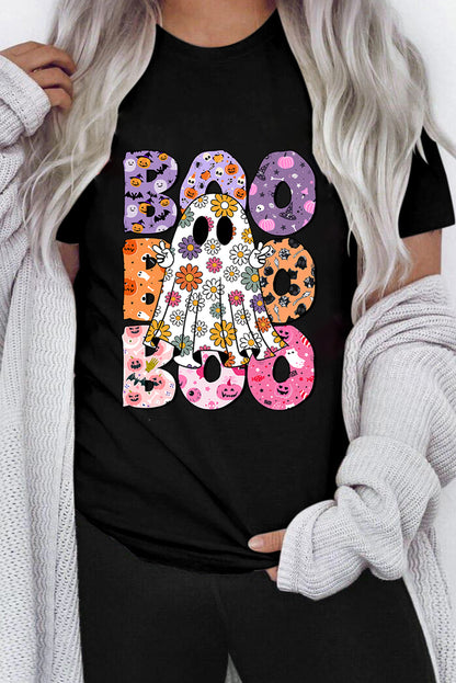 Black BOO Ghost Halloween Floral Graphic T Shirt