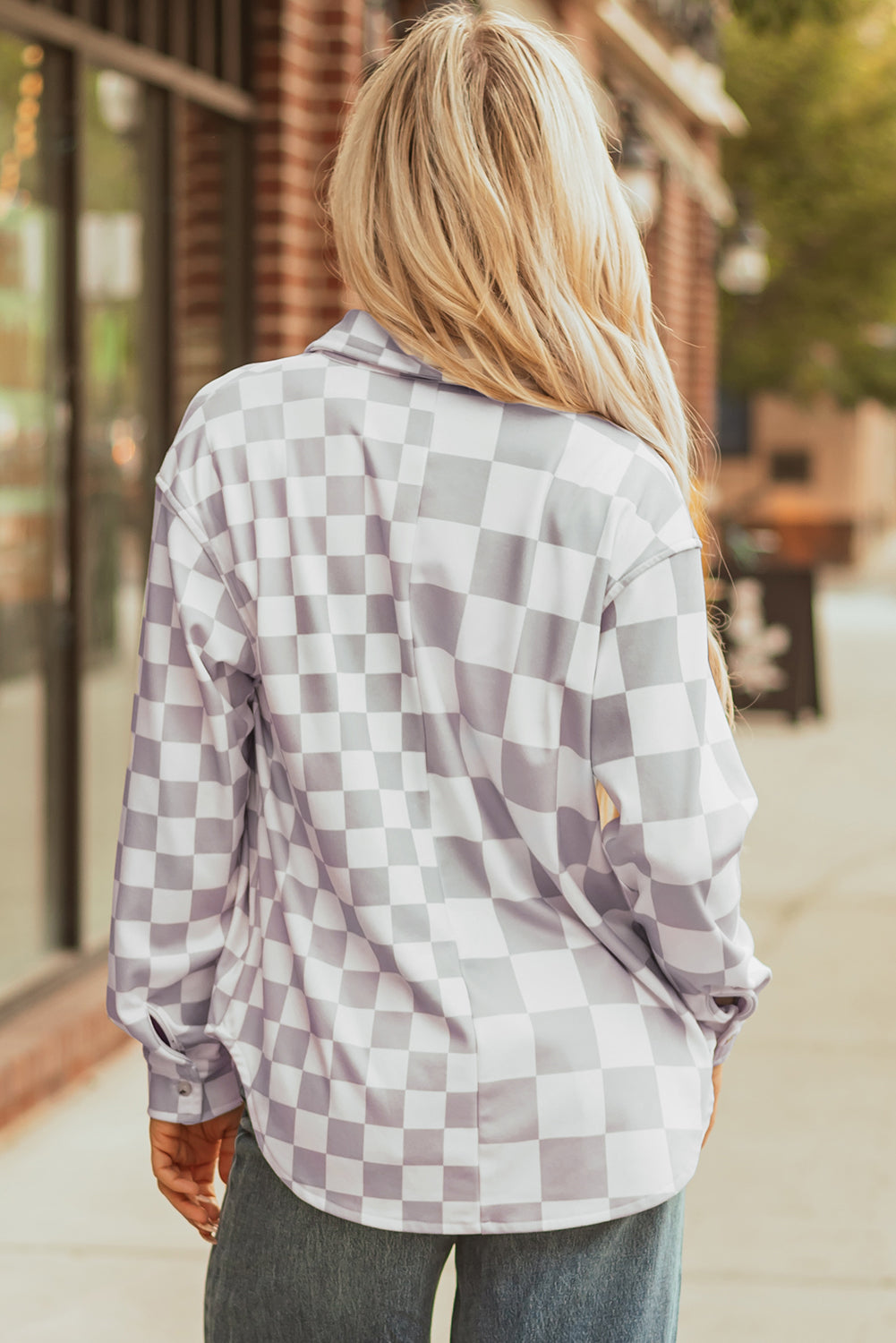 Checkerboard Print Flap Pocket Button Front Shacket