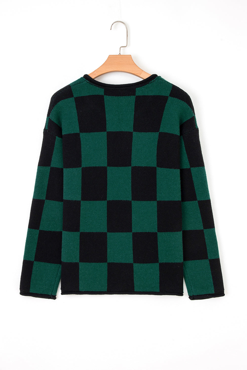 Women's Checkered Knit Sweater with Notched Neck