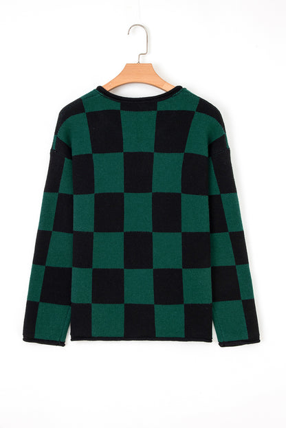 Women's Checkered Knit Sweater with Notched Neck
