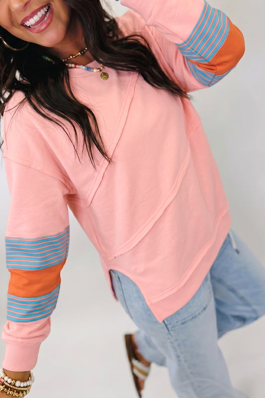 Pink Colorblock Striped Patchwork Long Sleeve Round Neck Top