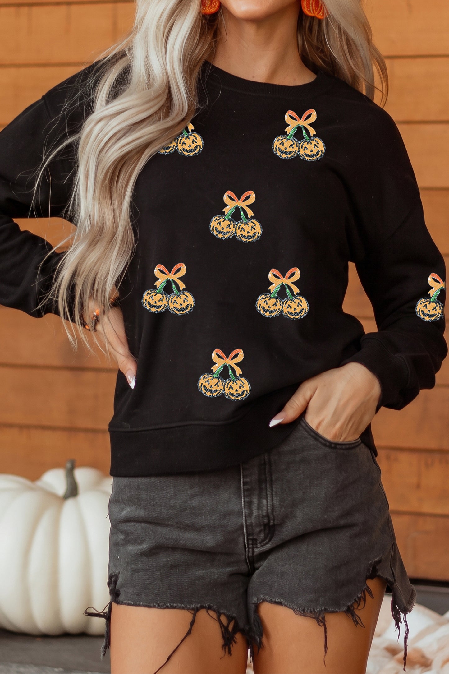 Sequin Pumpkin Bow Halloween Oversized Sweatshirt