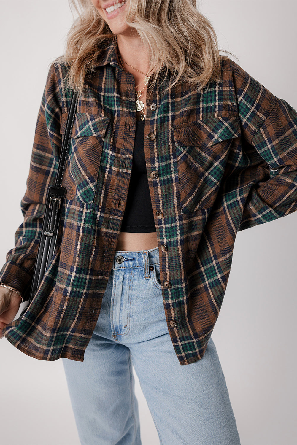 Brown Plaid Button-Down Shacket with Chest Pockets