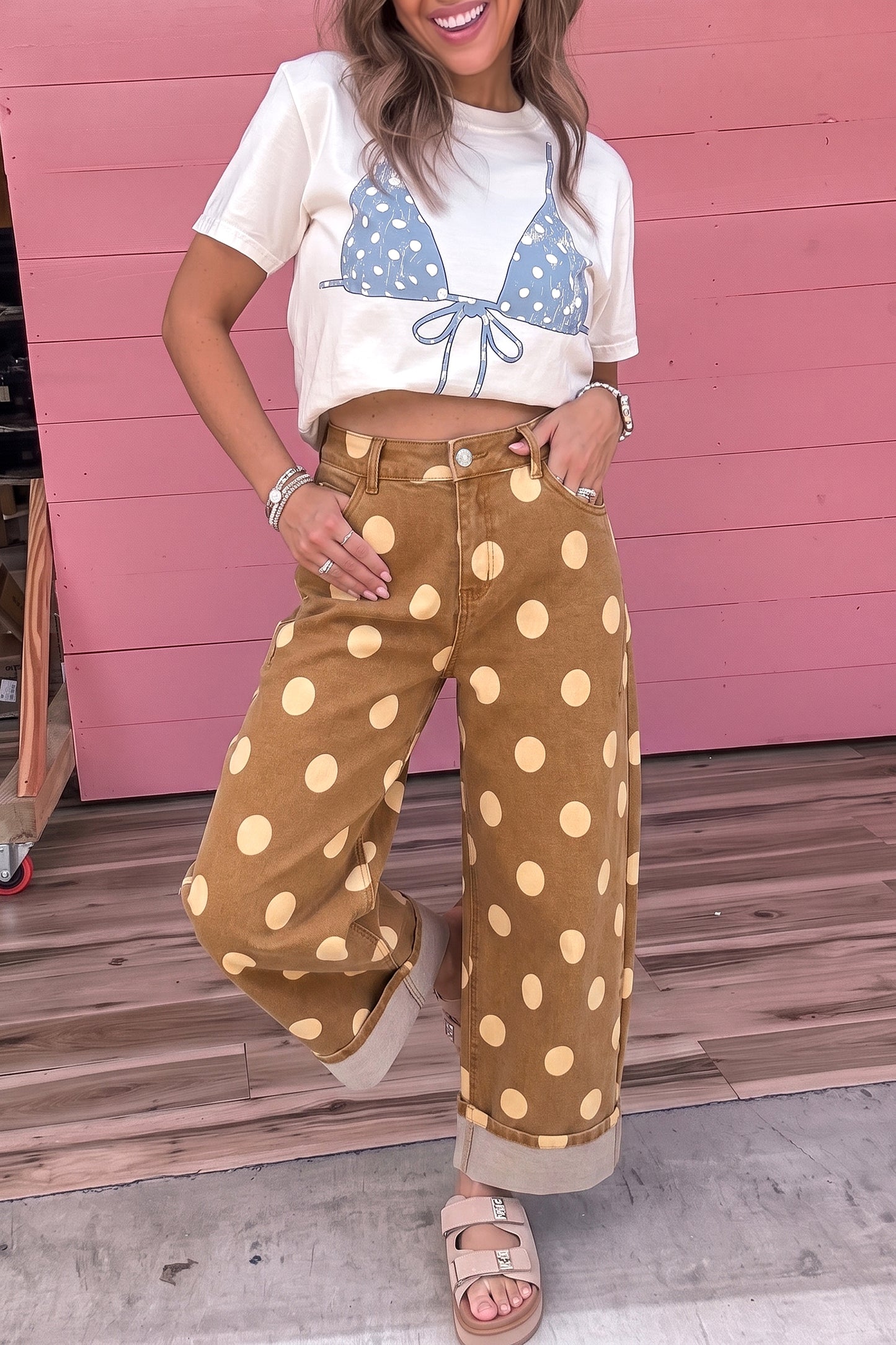 Women's Polka Dot Cuffed Wide Leg Jeans