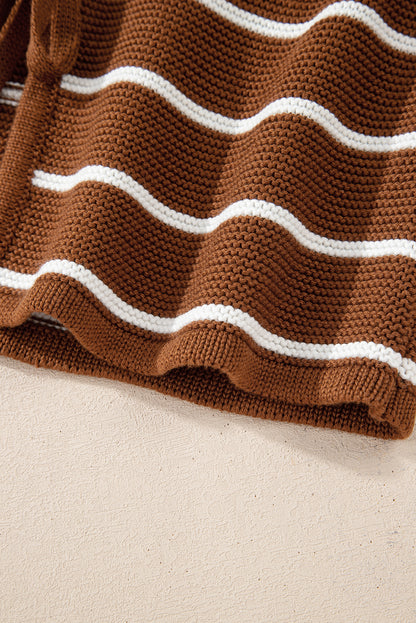 Chestnut Striped Knit Tie Front V Neck Cardigan Sweater