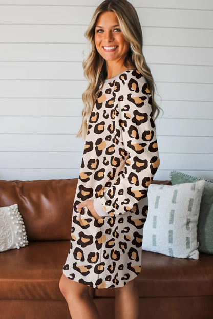 Khaki Leopard Long Sleeve T Shirt Shift Dress with Pockets