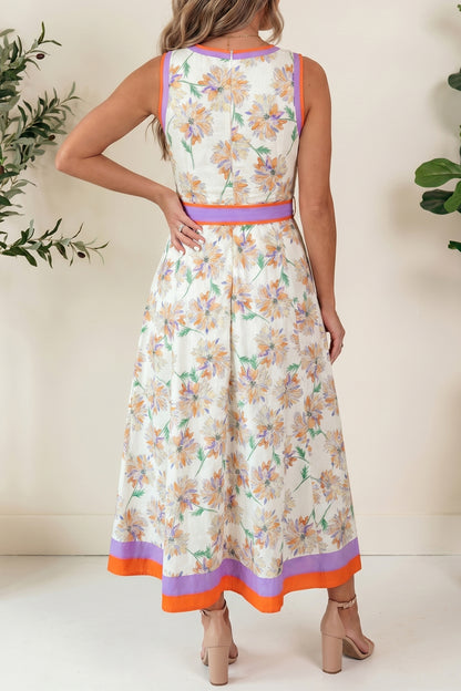 Floral Sleeveless Maxi Dress Women Belted Summer Casual