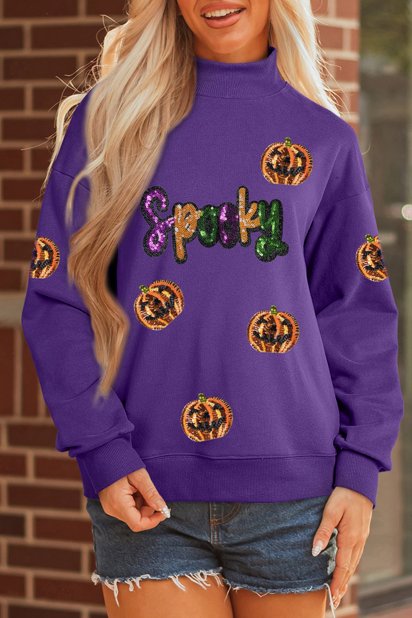 Sequin Pumpkin Spooky Mock Neck Halloween Sweatshirt