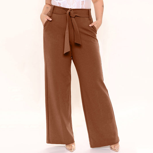 Belted Wide Leg Pants Women's Solid Color Plus Size Loose Casual Leisure Wind Pants