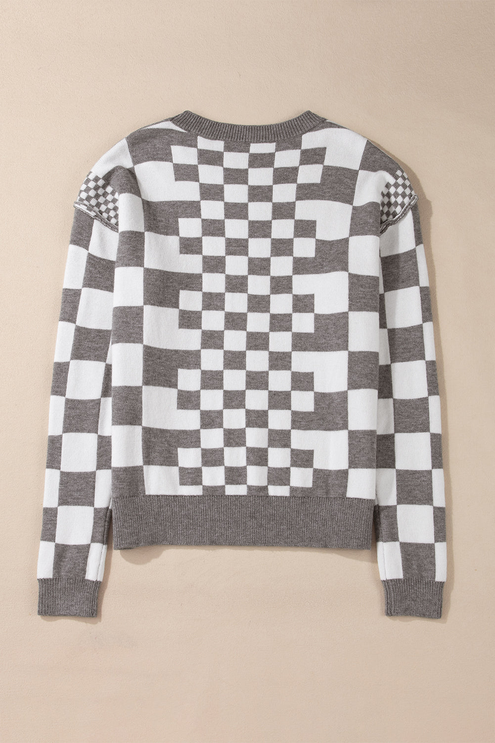 Women’s Brown Checkerboard Drop Shoulder Sweater Top