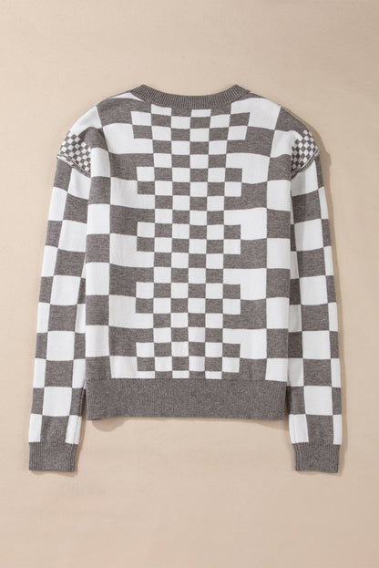 Women’s Brown Checkerboard Drop Shoulder Sweater Top