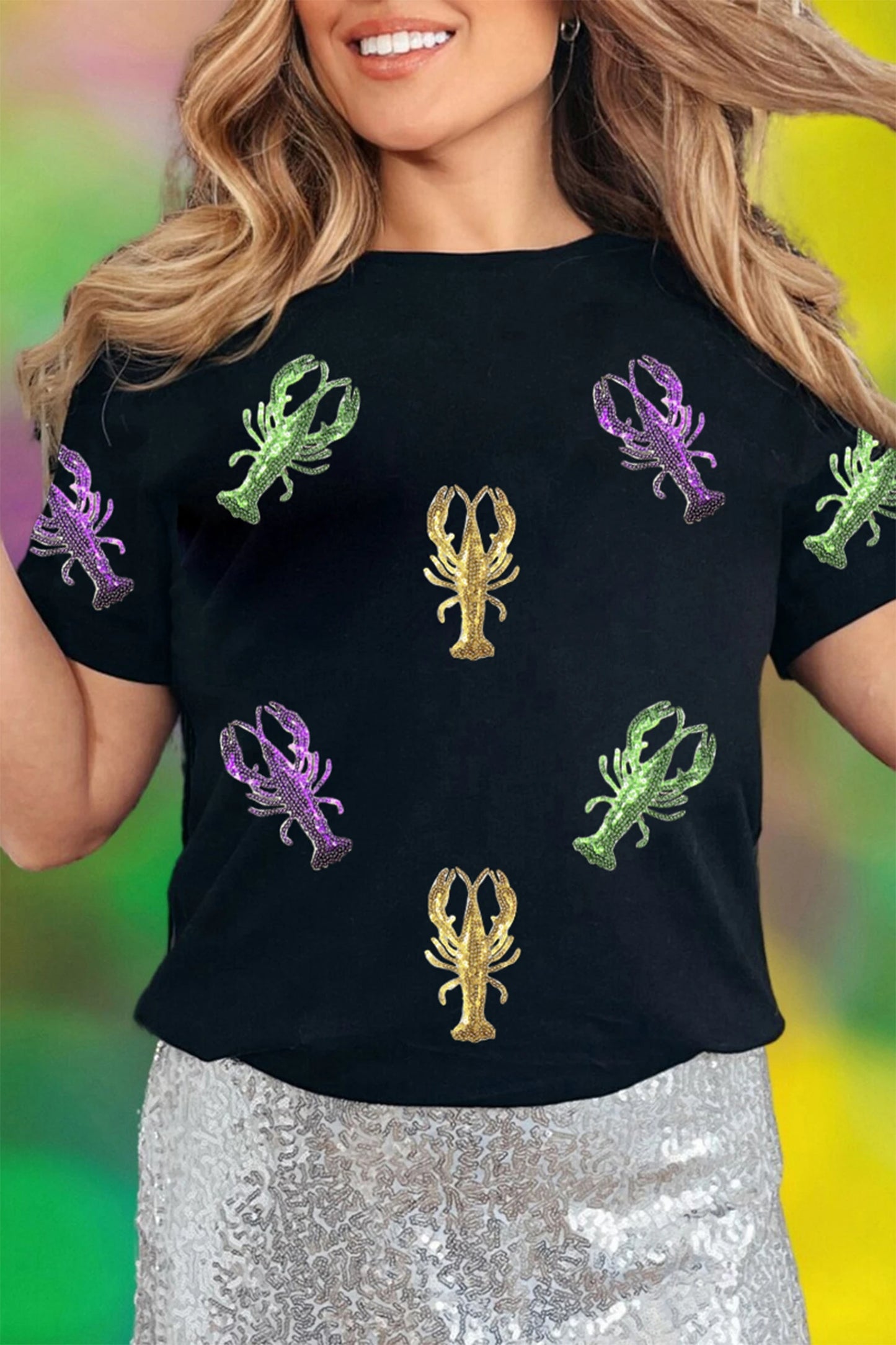Black Sequin Crawfish Graphic Mardi Gras Festive Tee