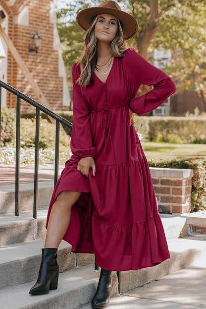 Chestnut Solid Long Sleeve Button V Neck Tiered Maxi Dress