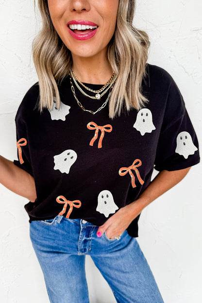 Halloween Ghost Bow Patch Graphic Short Sleeve Tee
