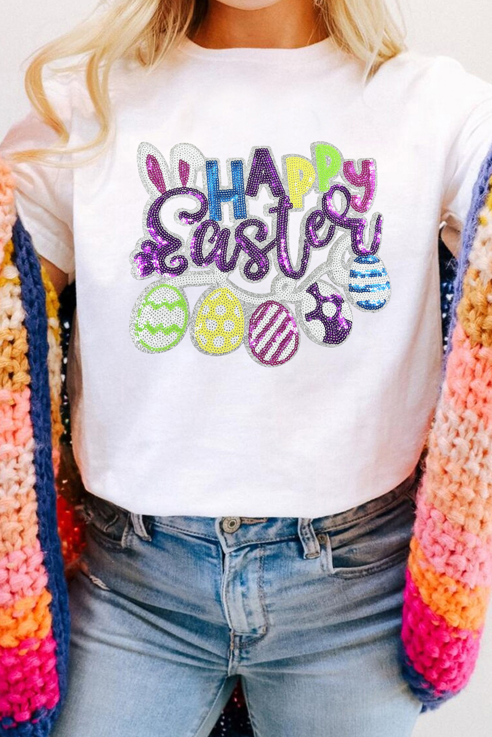 Happy Easter Sequin Patch Graphic Crewneck Tee