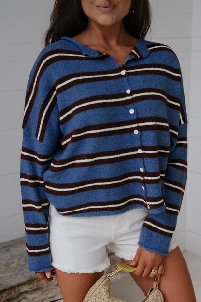 Pink Stripe Striped Drop Shoulder Button Cardigan