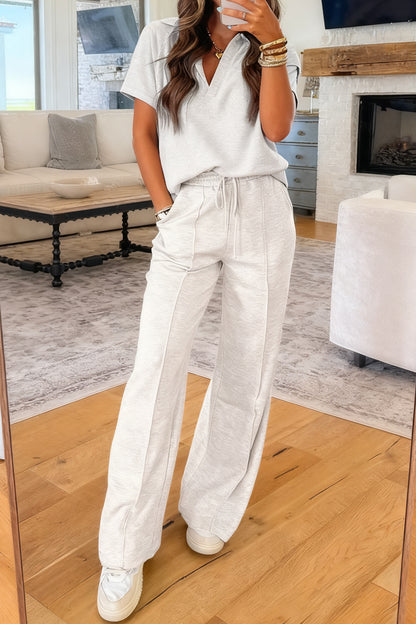 Light Grey Polo Tee & Drawstring Casual Pant Set – Sporty Chic