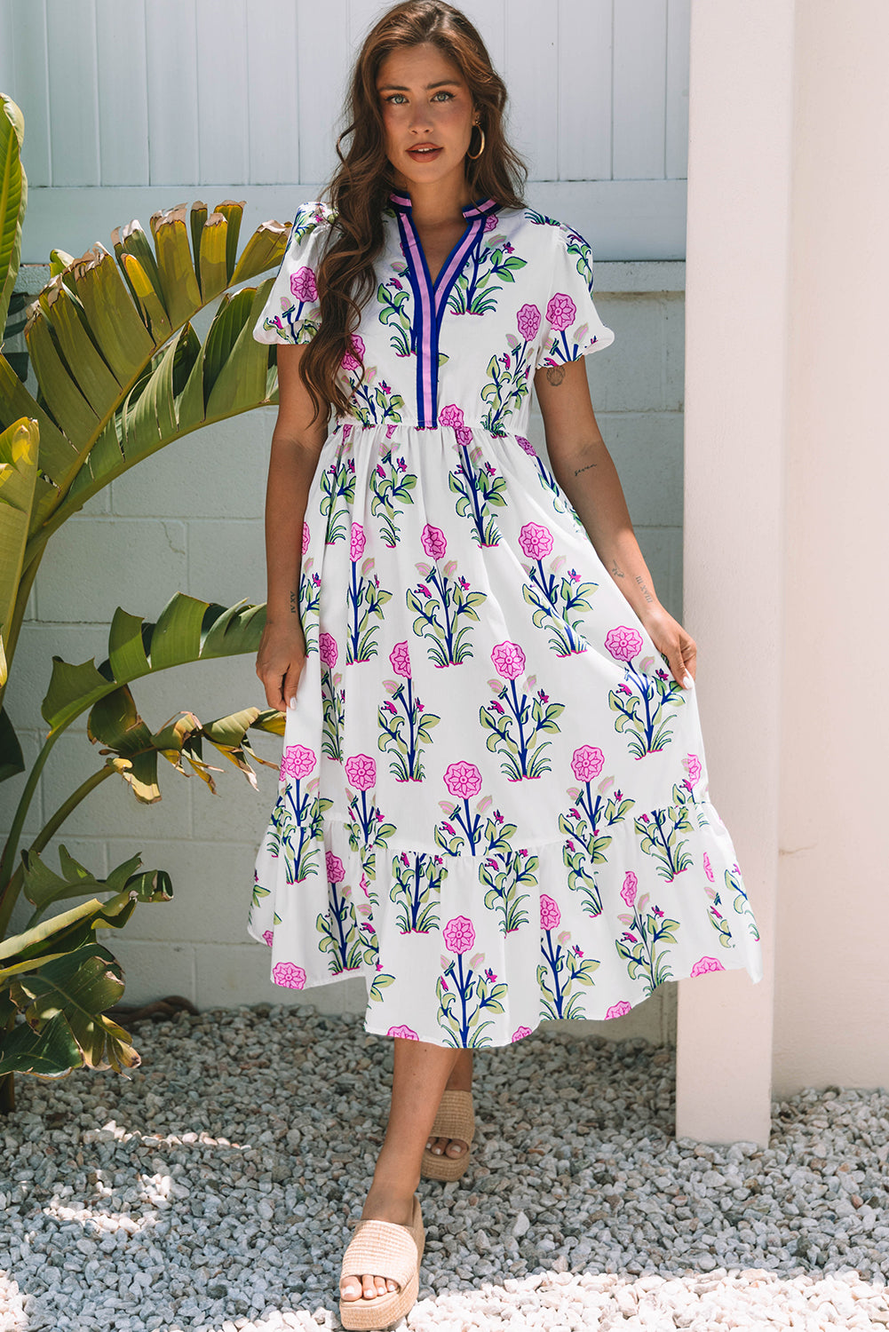 White Floral Contrast Trim V Neck Maxi Dress