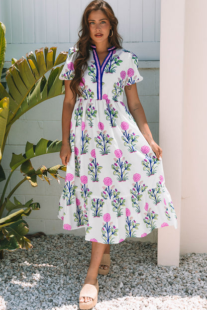 White Floral Contrast Trim V Neck Maxi Dress