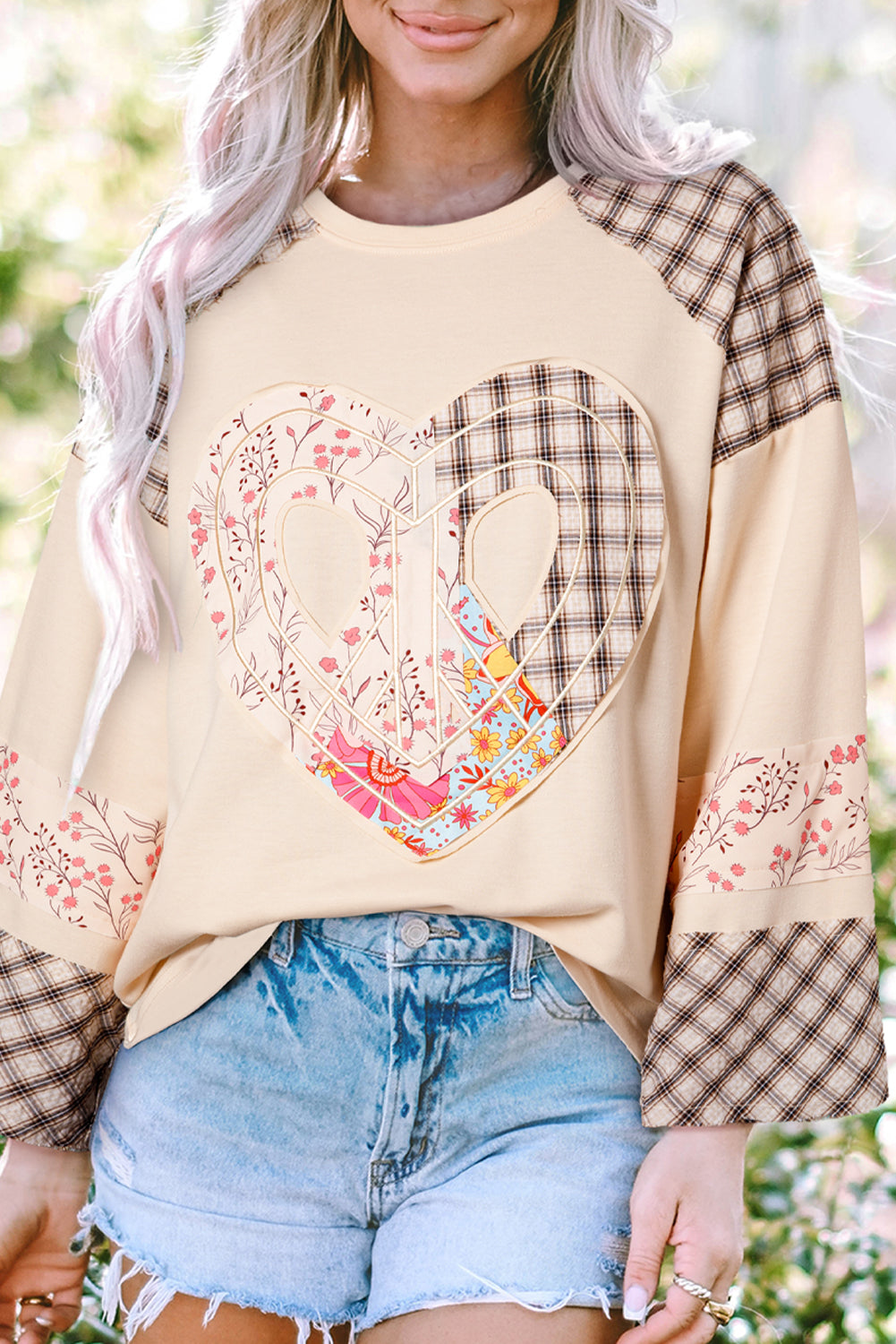 Plaid Floral Peace Heart Graphic Wide Long Sleeve Top