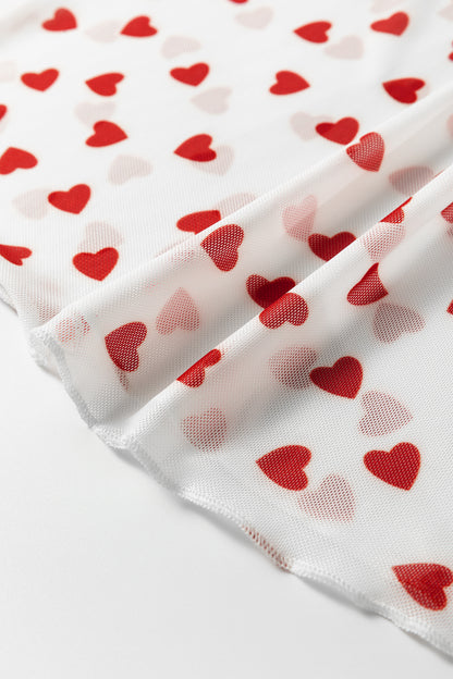 Racing Red Allover Heart Print Mesh Short Sleeve Top