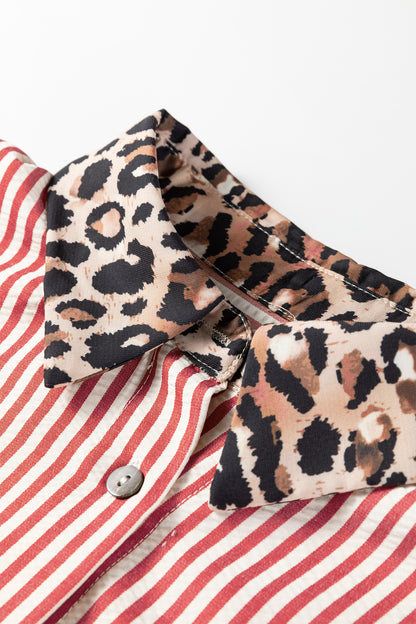 Black Striped Leopard Print Patchwork Button Up Womens Shirt
