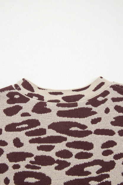 Khaki Leopard Knit Short Sleeve Pullover Sweater