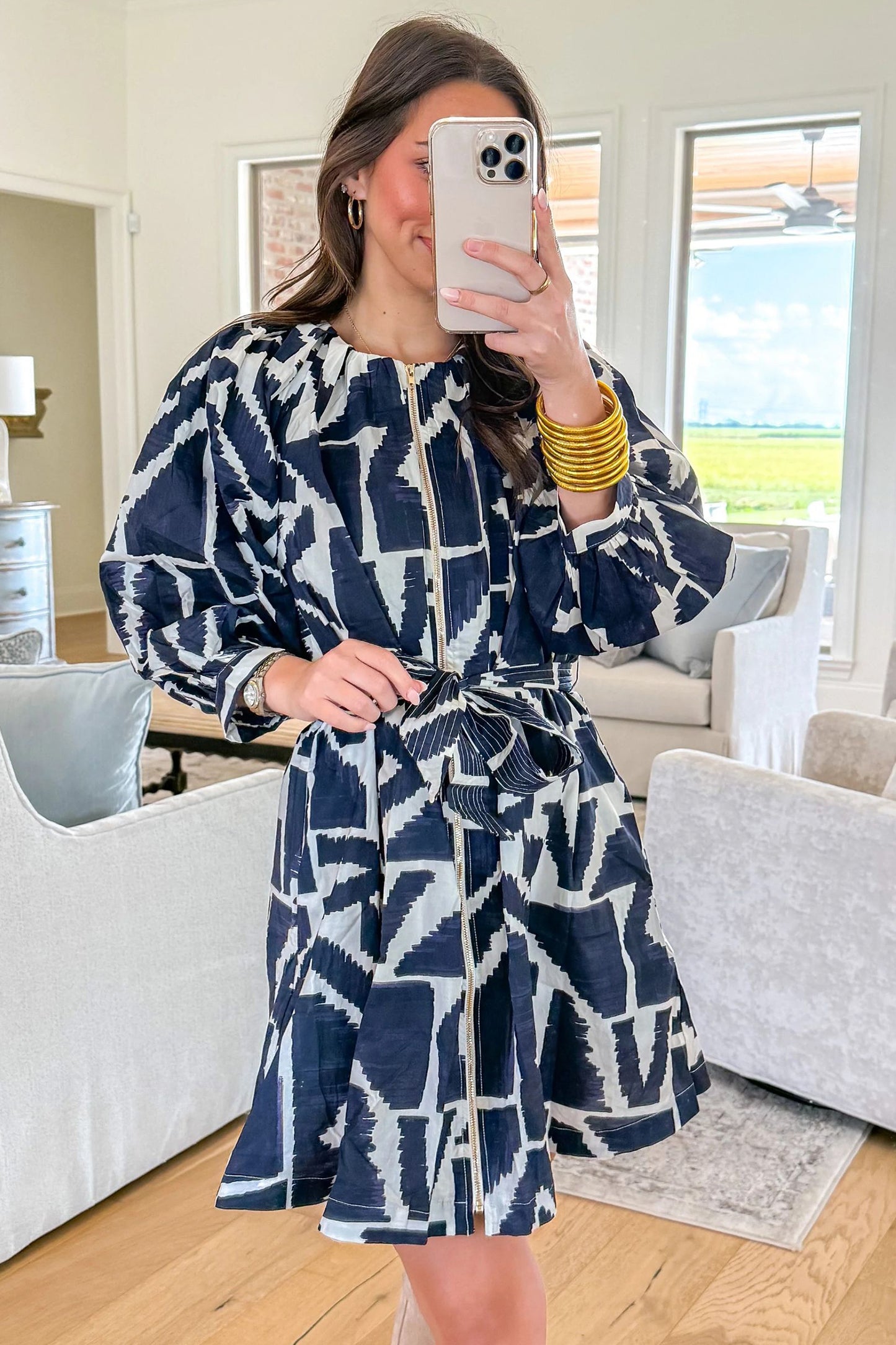 Blue Abstract Print Zip Front Tie Waist Mini Dress