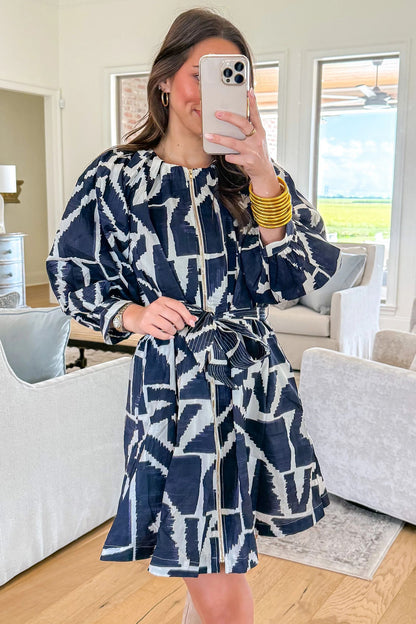 Blue Abstract Print Zip Front Tie Waist Mini Dress