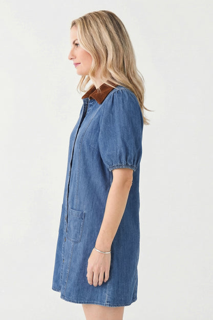 Denim Shirt Dress Women Puff Sleeve Button Front Mini