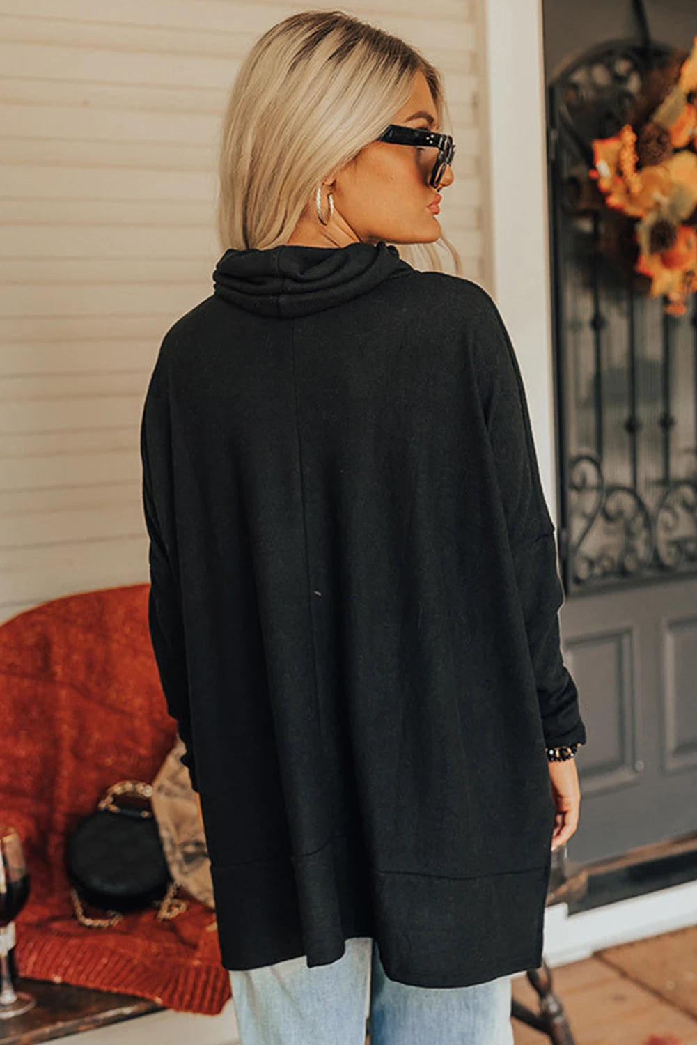 Black Valentines Chenille Heart Patched Dolman Sleeve High Neck Split Top
