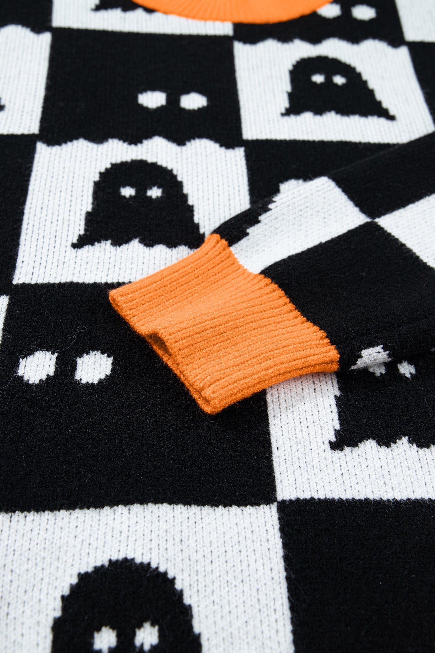 Halloween Ghost Print Checkerboard Knit Sweater