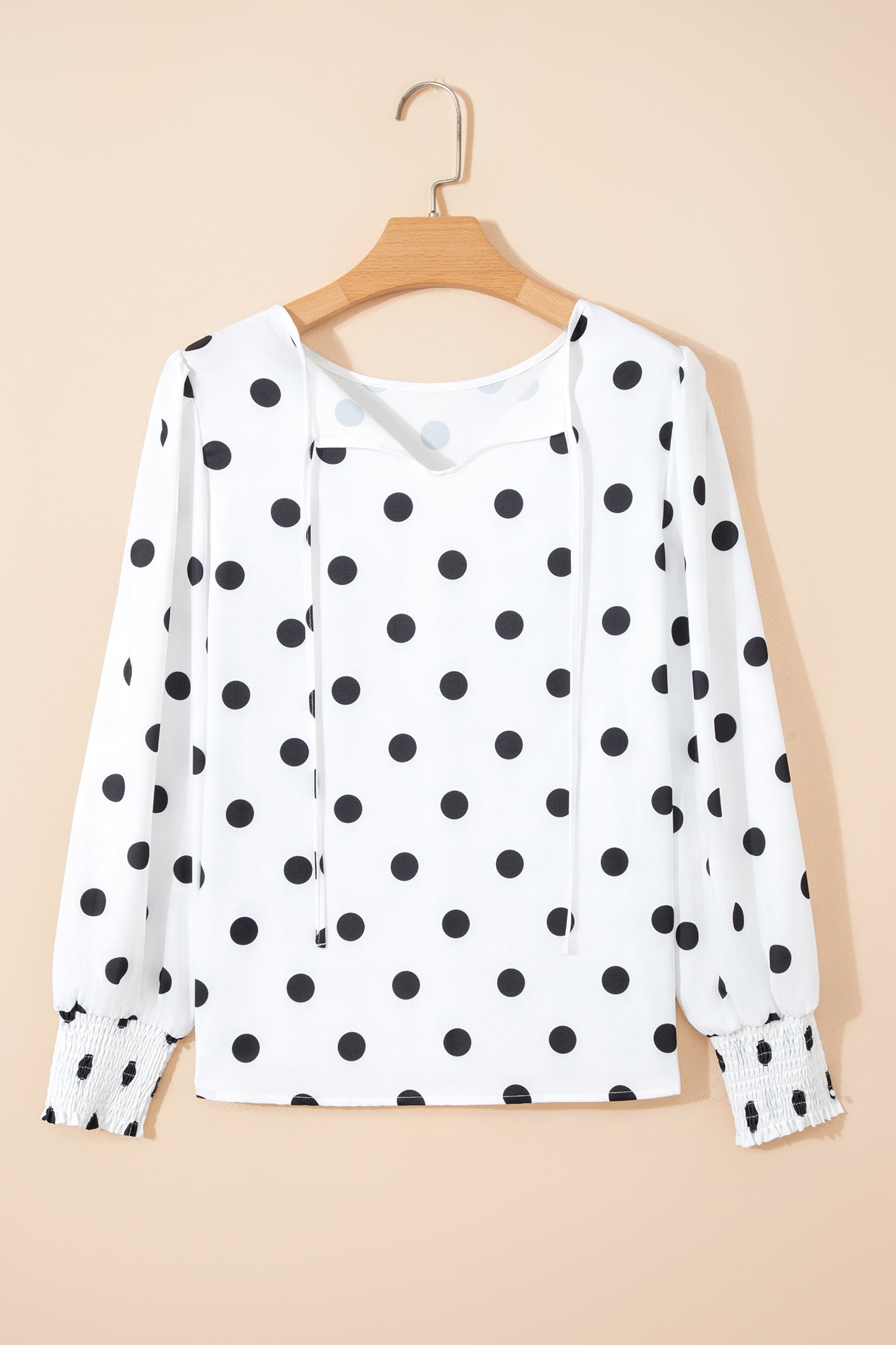 White Polka Dot Blouse Smocked Cuff Puff Sleeve Top