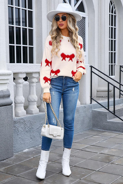 Bow Knit Pullover Sweater - Cozy Graphic Crewneck Top