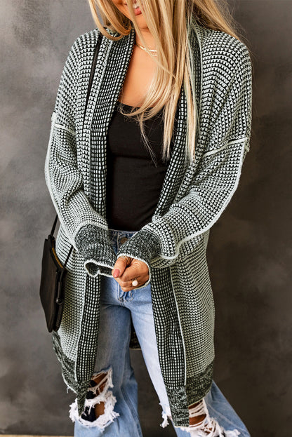 Black Plaid Knitted Long Open Front Cardigan