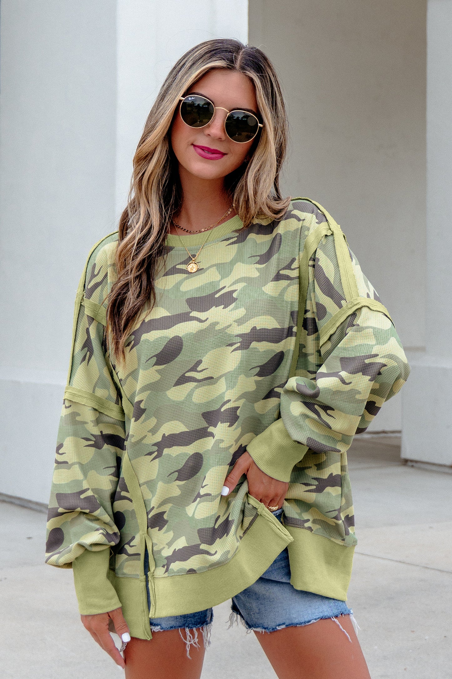 Green Camouflage Waffle Knit Raw Edge Contrast Trim Oversized Long Sleeve Top