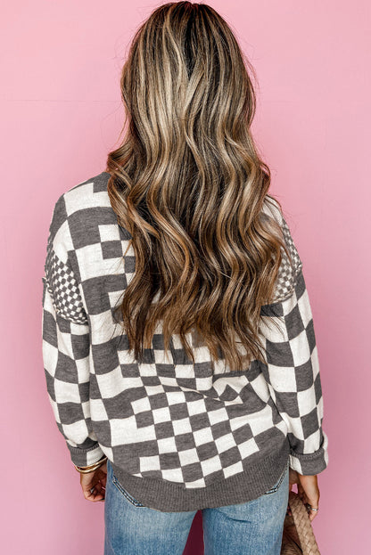 Women’s Brown Checkerboard Drop Shoulder Sweater Top