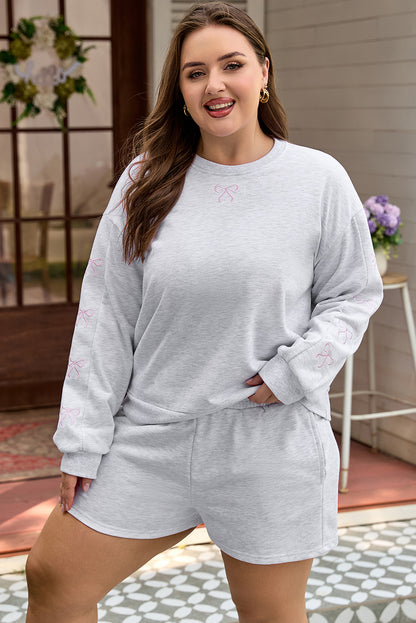 Bow Embroidered Pullover and Shorts Plus Size Set