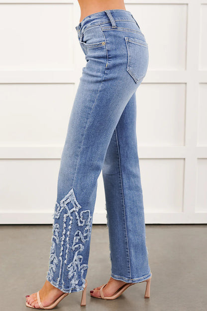 Western Embroidered Flare Jeans Frayed Hem Bootcut Denim