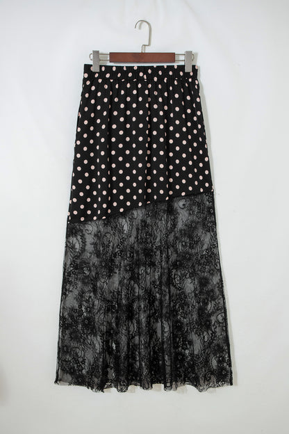 Black Polka Dot Lace Sheer Midi Maxi Skirt